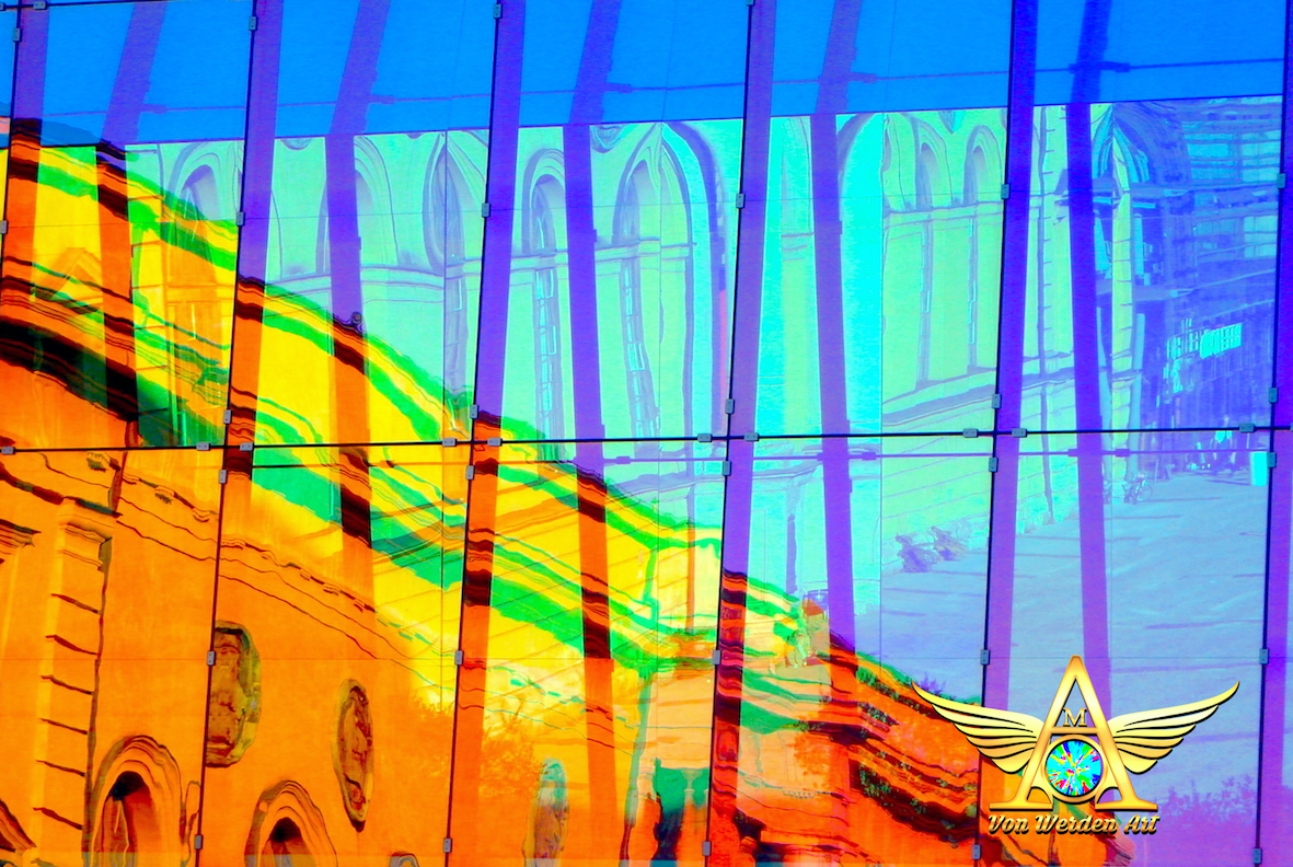 multicoloured reflection of building